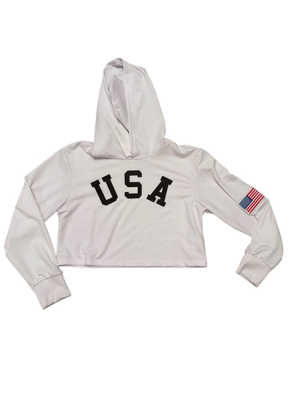 USA‎ Cropped Hoodie in White with Flag Patch